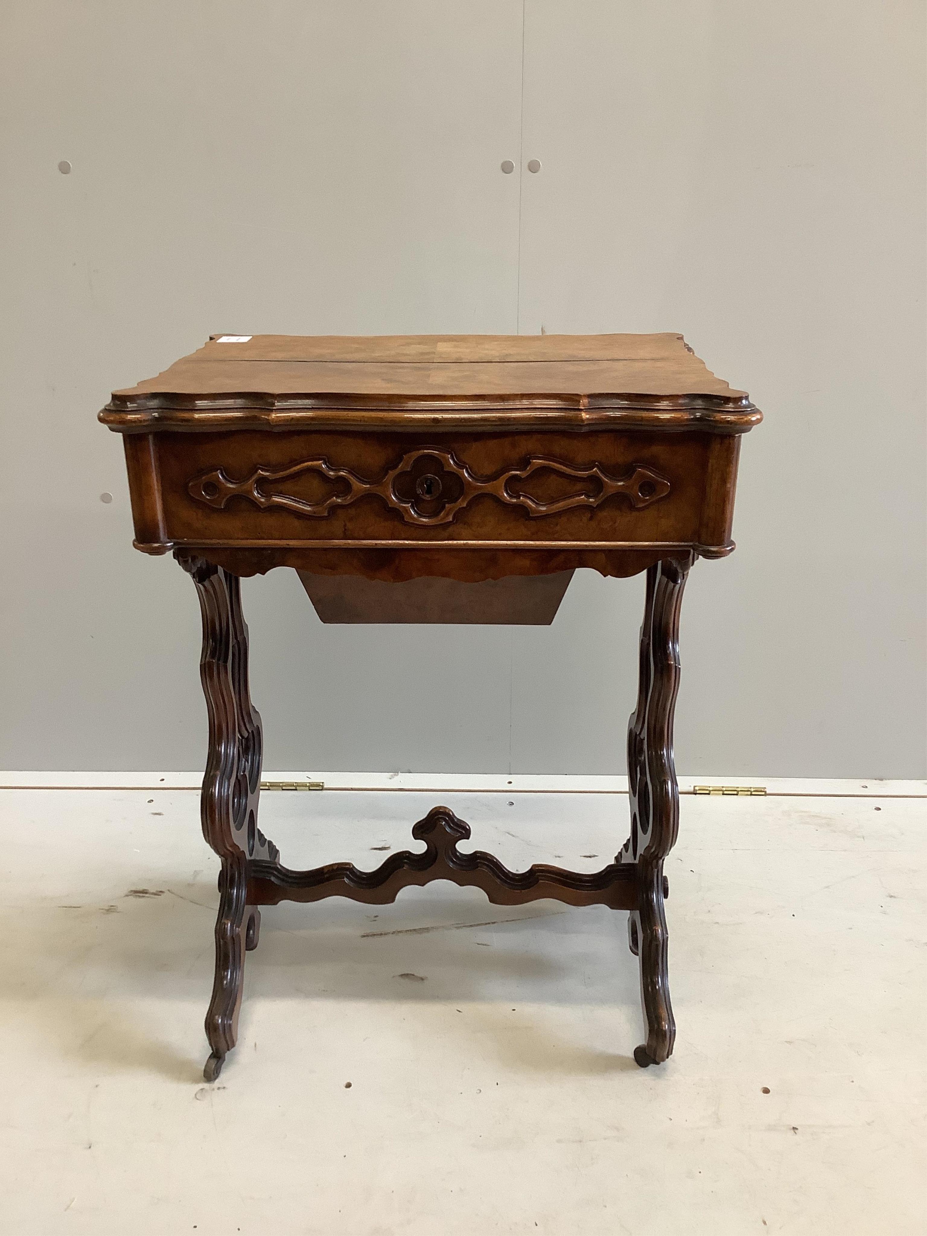 A 19th century French walnut work table, width 55cm, depth 39cm, height 73cm. Condition - poor